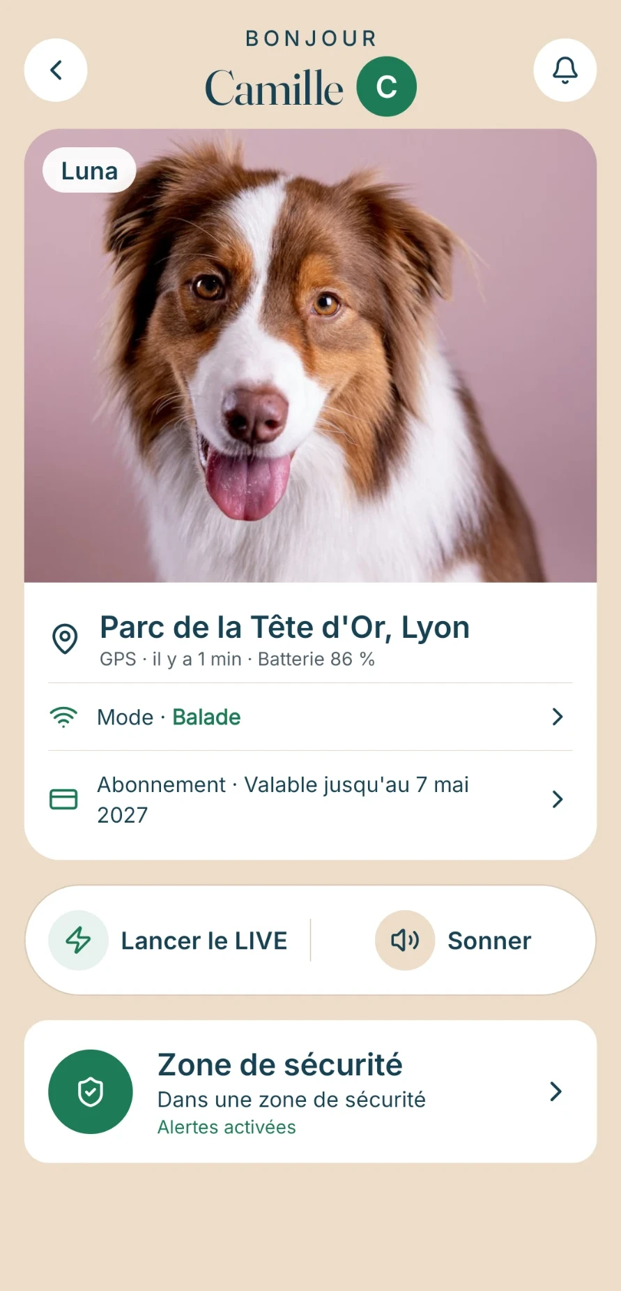 Accueil de l’application Bixar : Luna au parc, position GPS il y a 1 minute, batterie 86 %, mode Balade, zone de sécurité avec alertes activées
