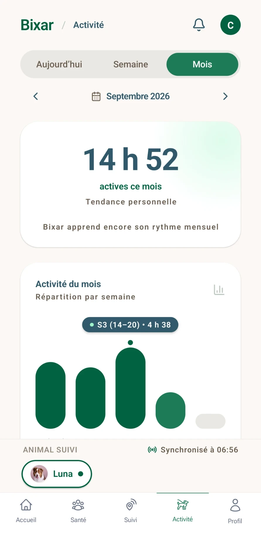 Écran Activité : 14 h 52 actives en septembre, répartition par semaine, animal suivi synchronisé