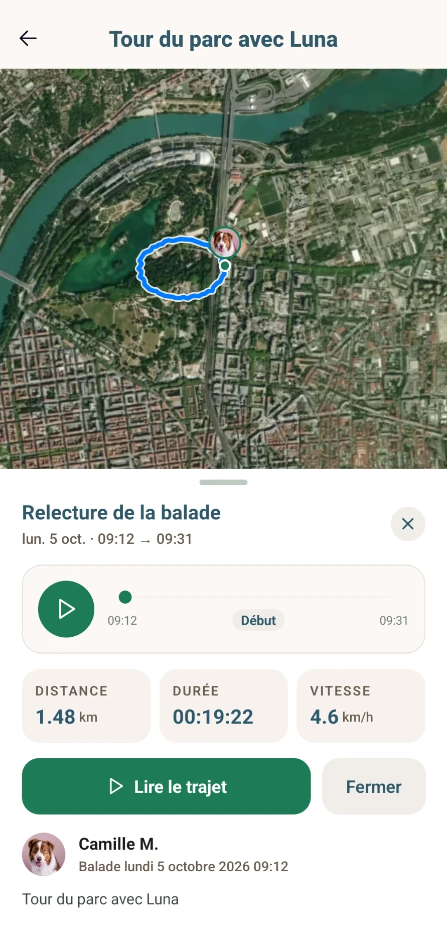 Relecture d’une balade : tracé sur la carte, 1,48 km, 19 minutes 22, 4,6 km/h, bouton Lire le trajet