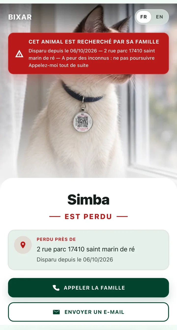 Page id.bixar.co en mode perdu : alerte, lieu, boutons Appeler la famille et Envoyer un e-mail