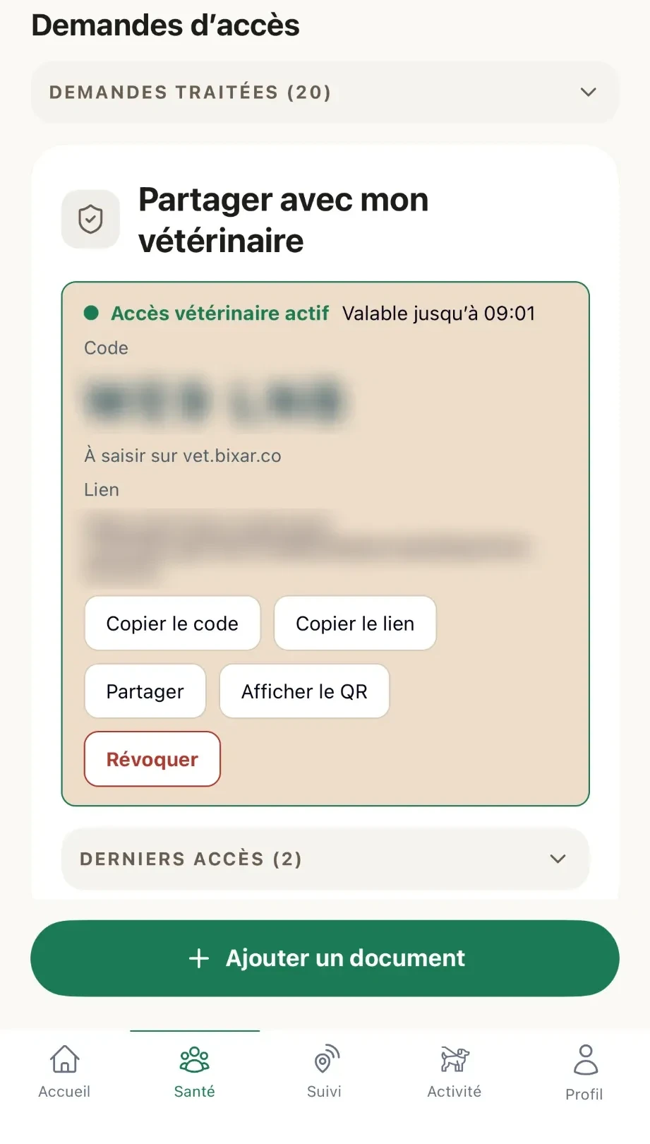 Accès vétérinaire actif avec son heure de fin ; code et lien floutés ici ; boutons Copier, Partager, Afficher le QR, Révoquer
