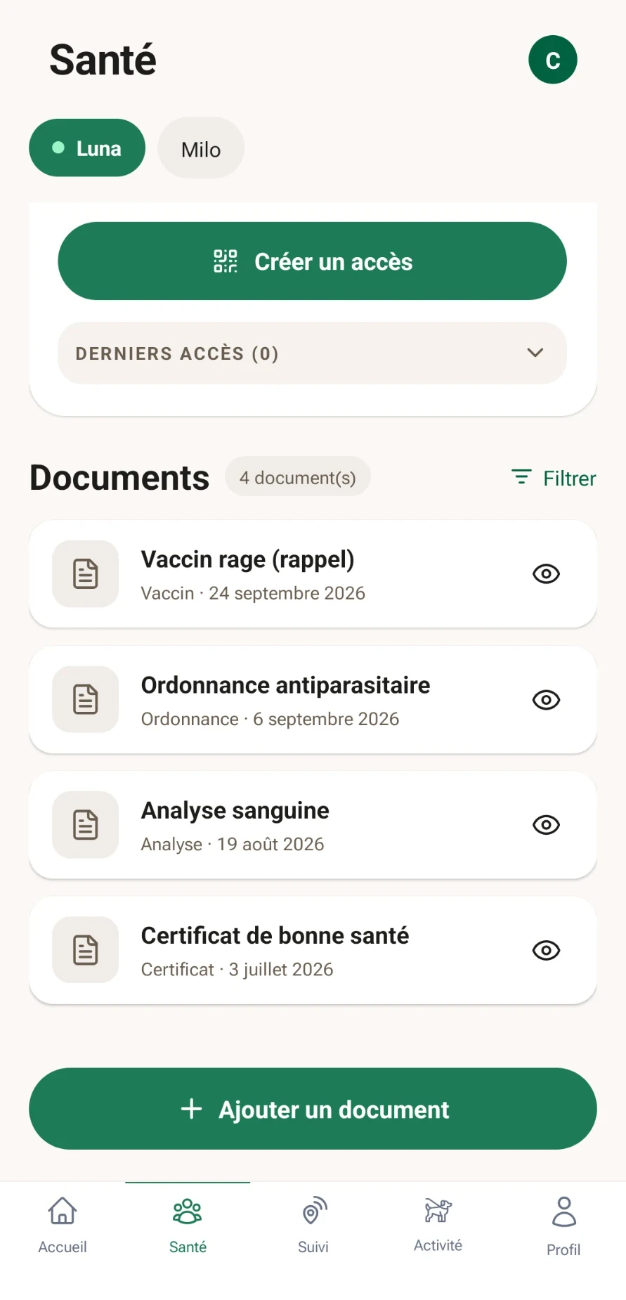 Écran Santé : bouton Créer un accès, derniers accès, et documents (vaccin, ordonnance, analyse, certificat)