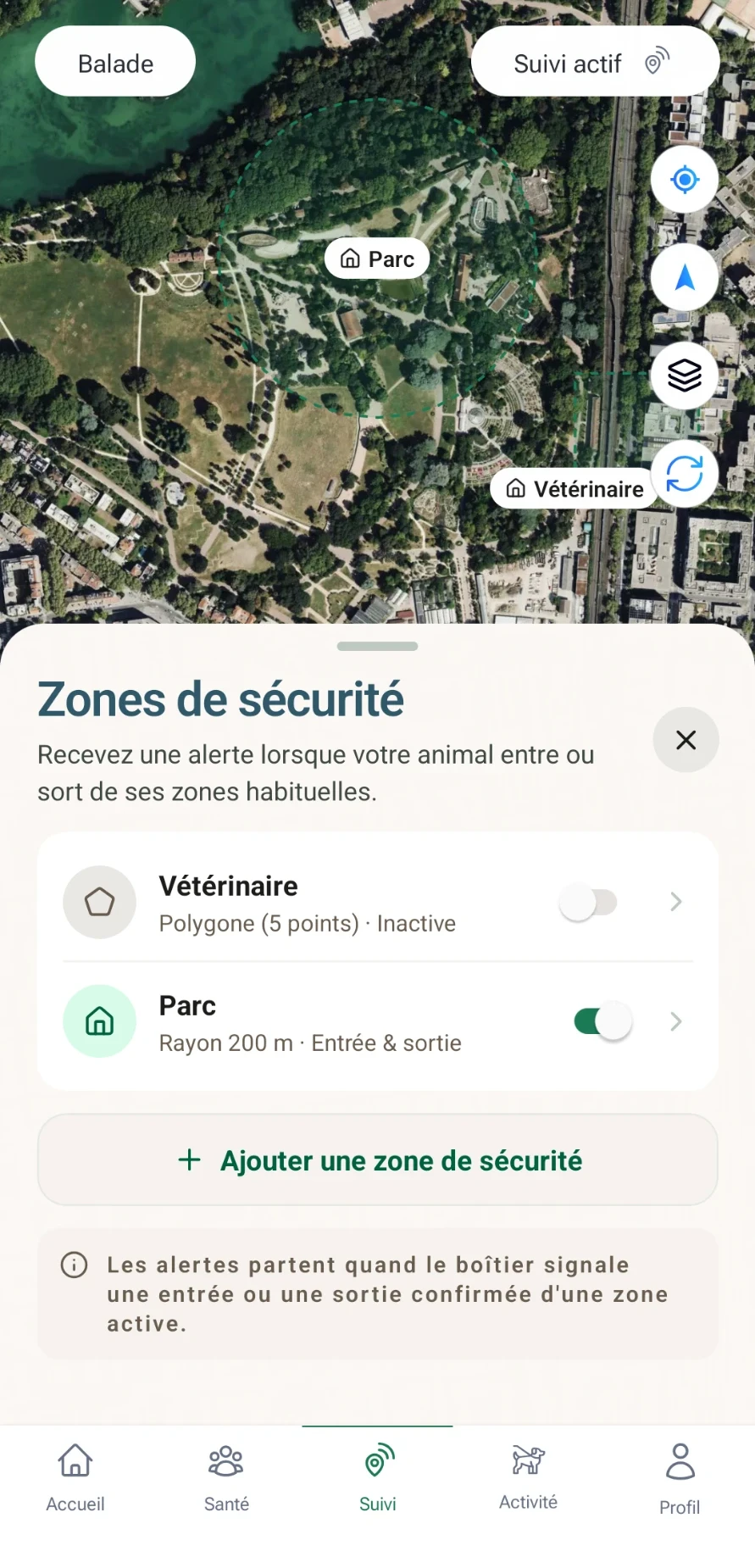 Écran Zones de sécurité : zone Parc de 200 m de rayon, entrée et sortie, et zone Vétérinaire en polygone