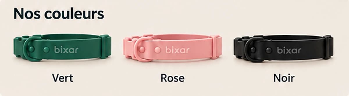 Les trois coloris du collier Bixar : vert, rose et noir, avec le logo Bixar en relief
