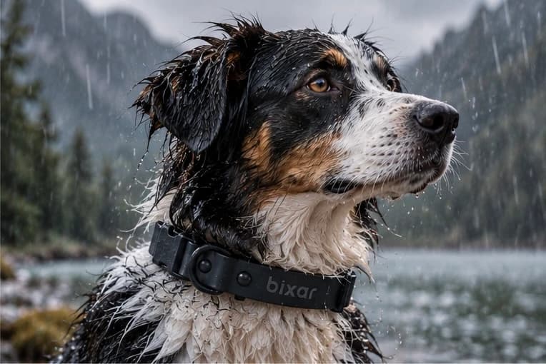 Un chien trempé par la pluie avec un collier Bixar noir, devant un lac de montagne