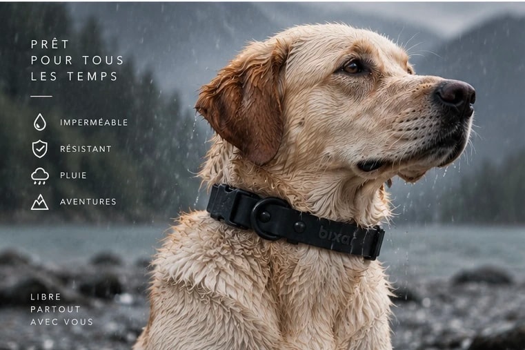 Un labrador mouillé sous la pluie, au bord d’un lac de montagne, avec un collier Bixar noir. Prêt pour tous les temps : imperméable, résistant.