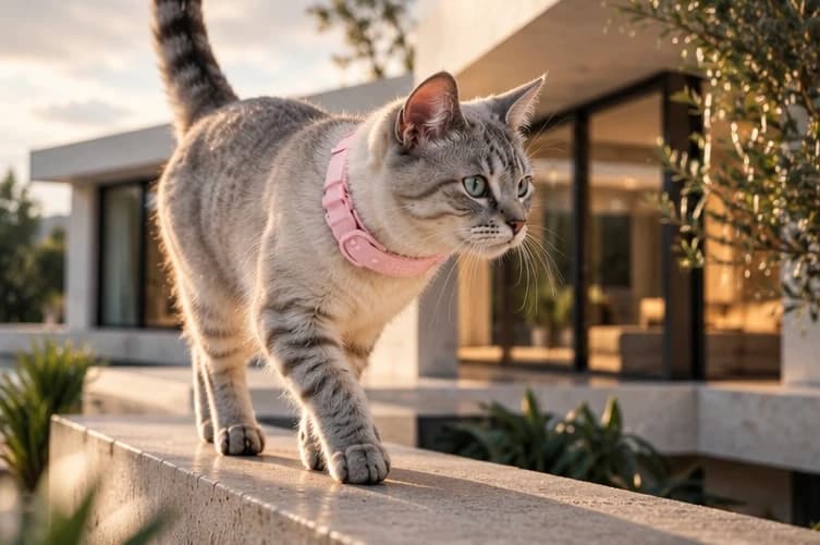 Un chat gris sur le rebord d’une terrasse avec un collier Bixar rose