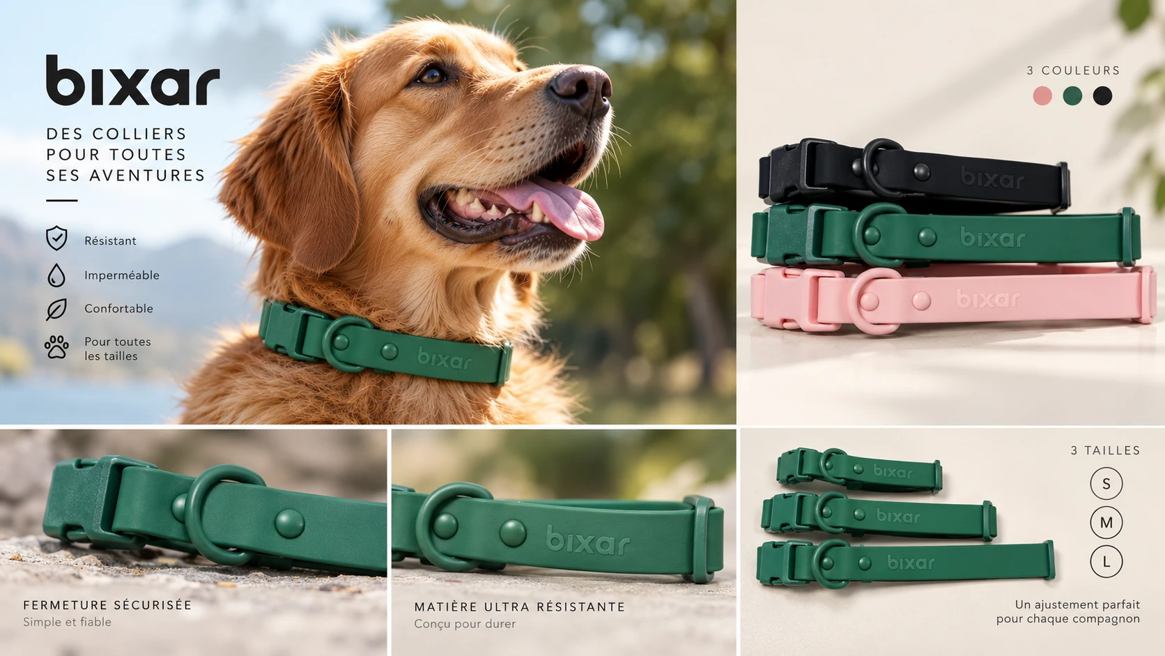 Des colliers Bixar pour toutes ses aventures : résistants, imperméables, confortables, en trois couleurs et trois tailles, avec une fermeture sécurisée et une matière ultra résistante
