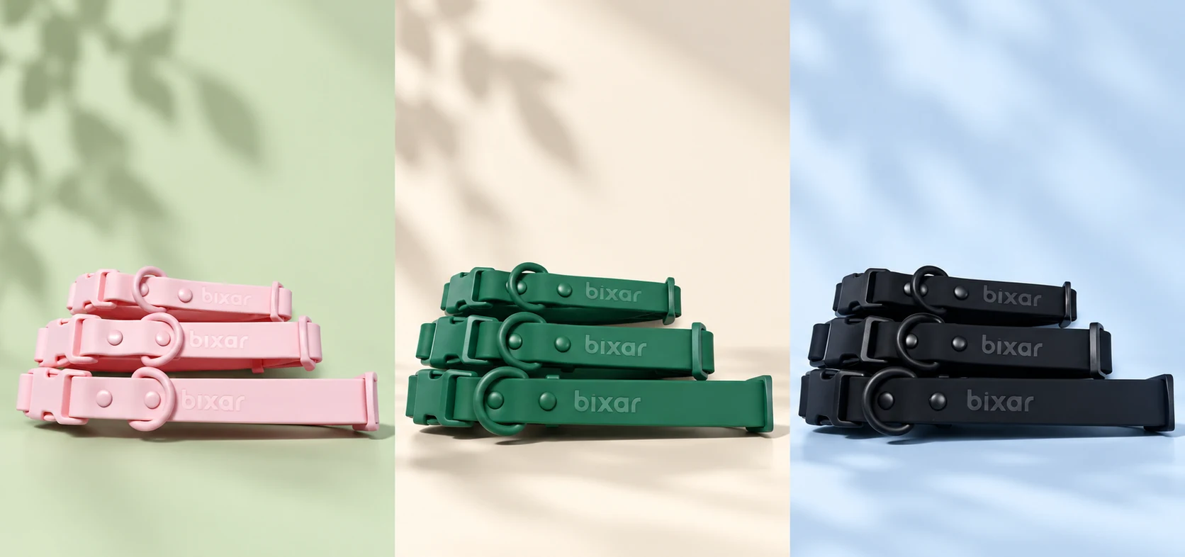 Les colliers Bixar en trois coloris, rose, vert et noir, chacun en trois tailles S, M et L empilées
