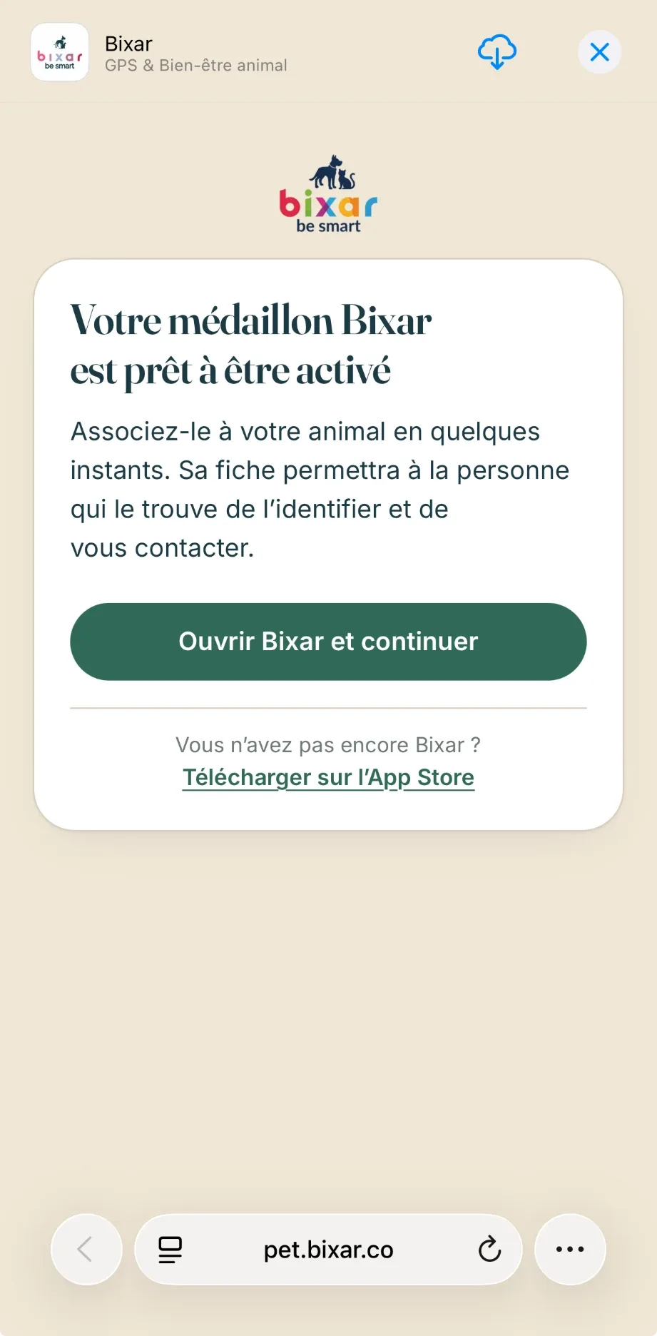 Page « Votre médaillon Bixar est prêt à être activé »