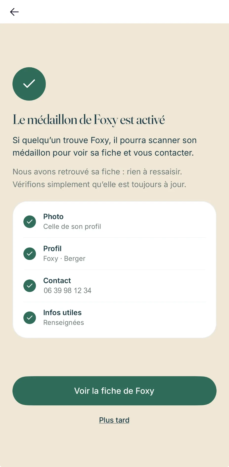 Écran « Le médaillon est activé » avec photo, profil et contact