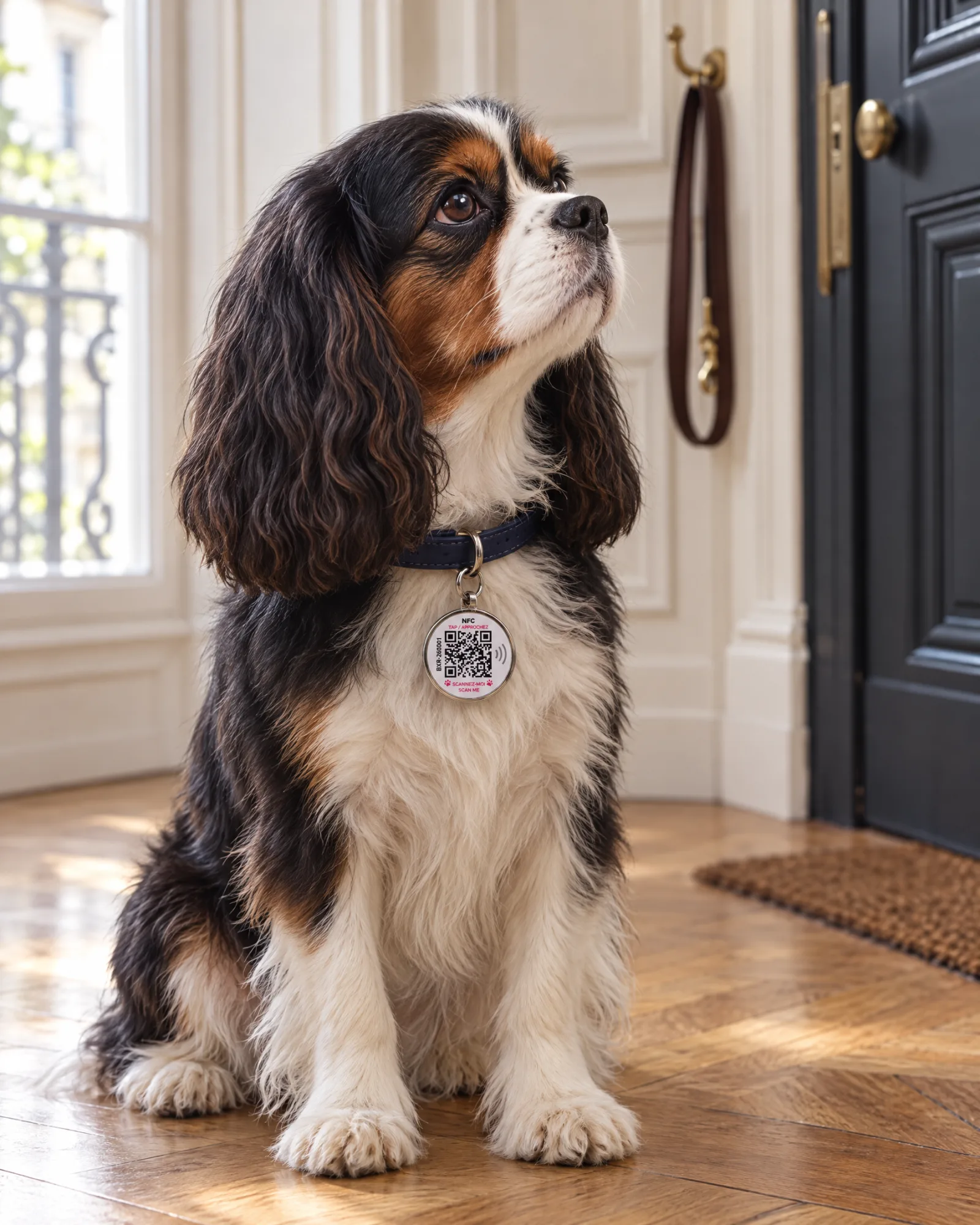 Cavalier King Charles assis dans une entrée, médaillon Bixar au collier