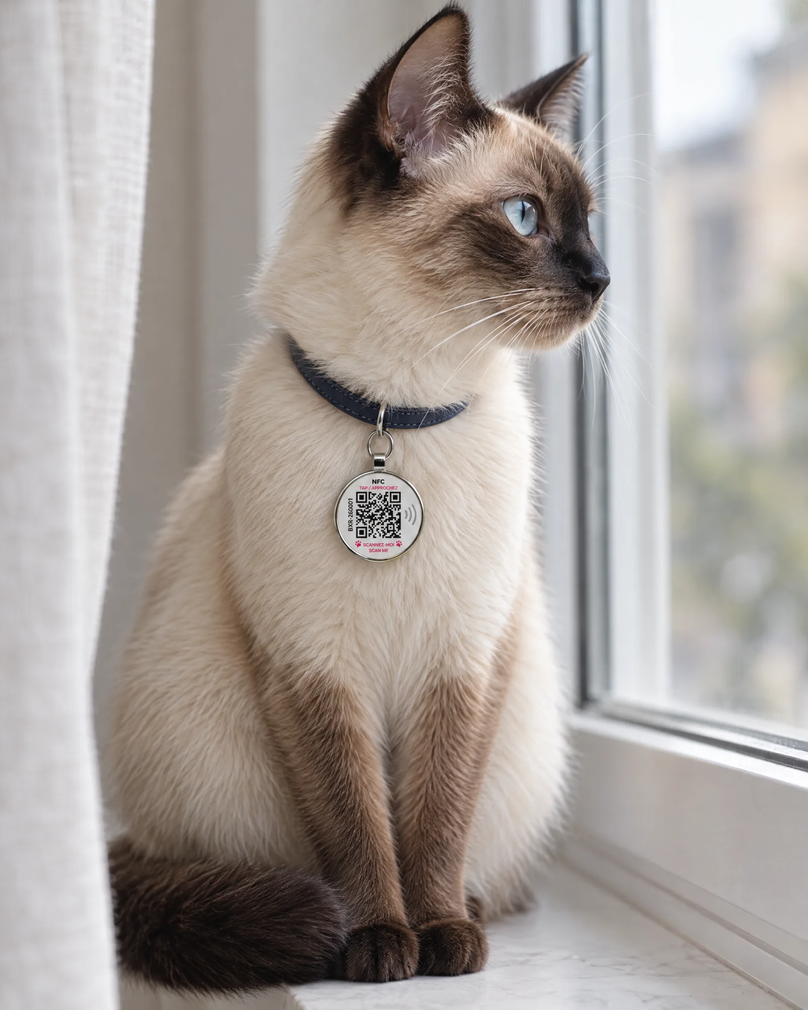 Chat siamois à la fenêtre, médaillon au collier