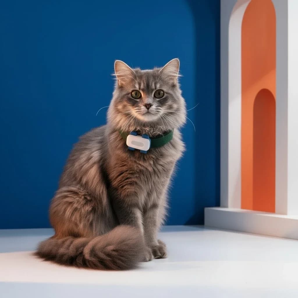Un chat gris à poils longs porte le traceur Viva, assis de face