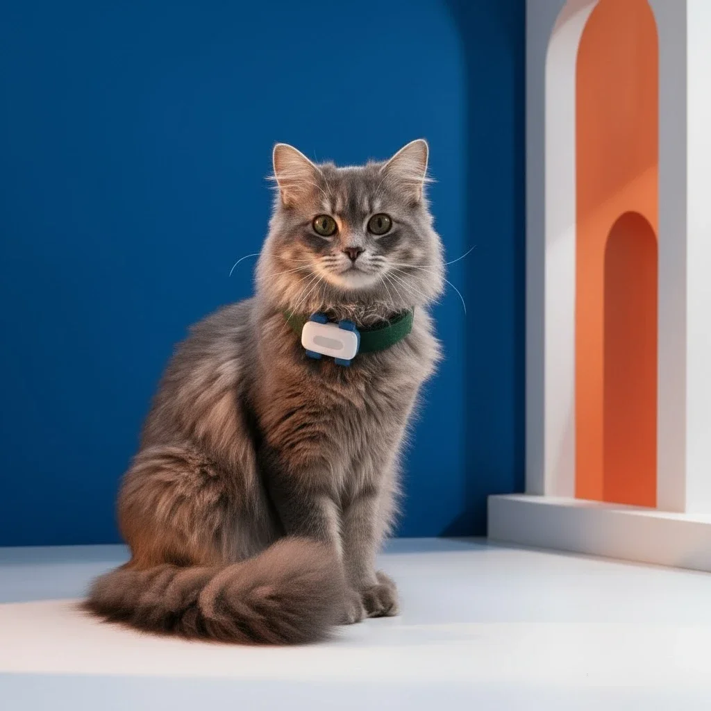 Un chat gris à poils longs assis de face, le traceur Viva au collier