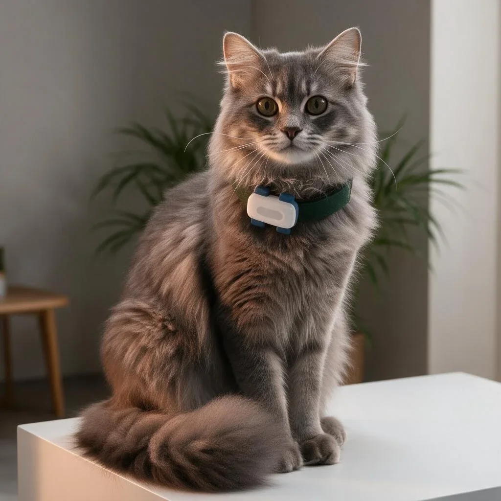 Un chat gris assis dans un intérieur clair, le traceur Viva au collier