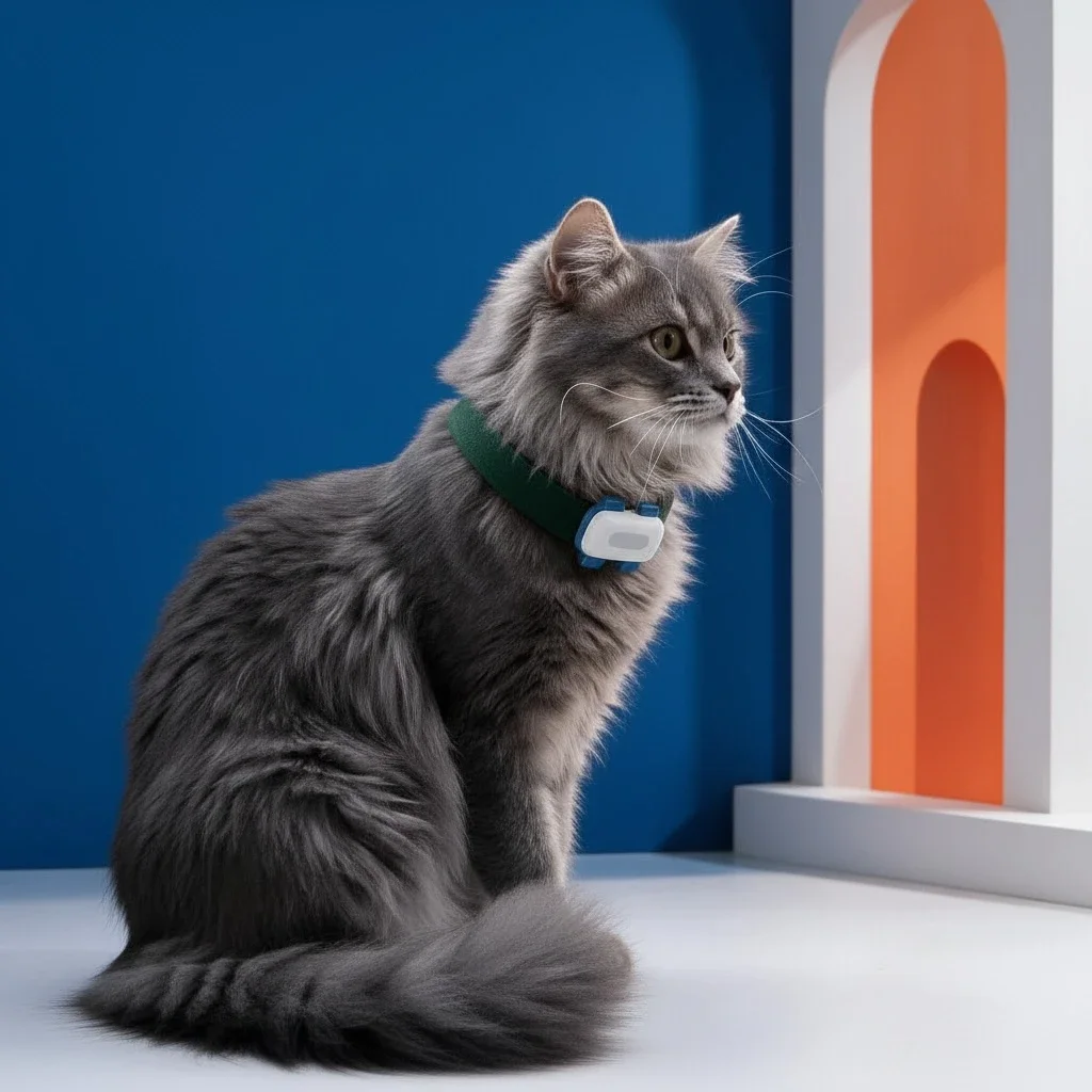 Un chat gris à poils longs, de profil, porte le traceur Viva GPS 4G sur son collier