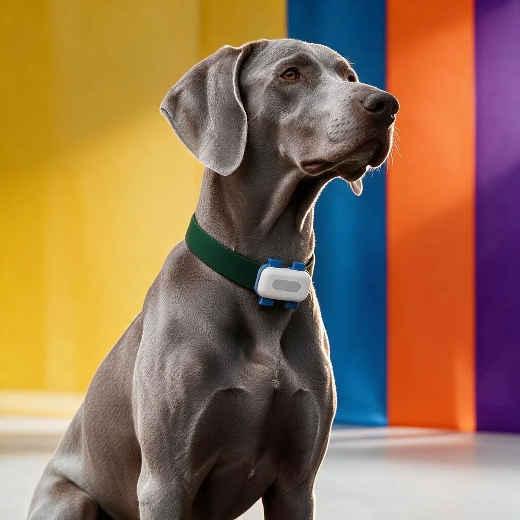 Un braque gris porte le traceur Viva GPS 4G sur son collier vert