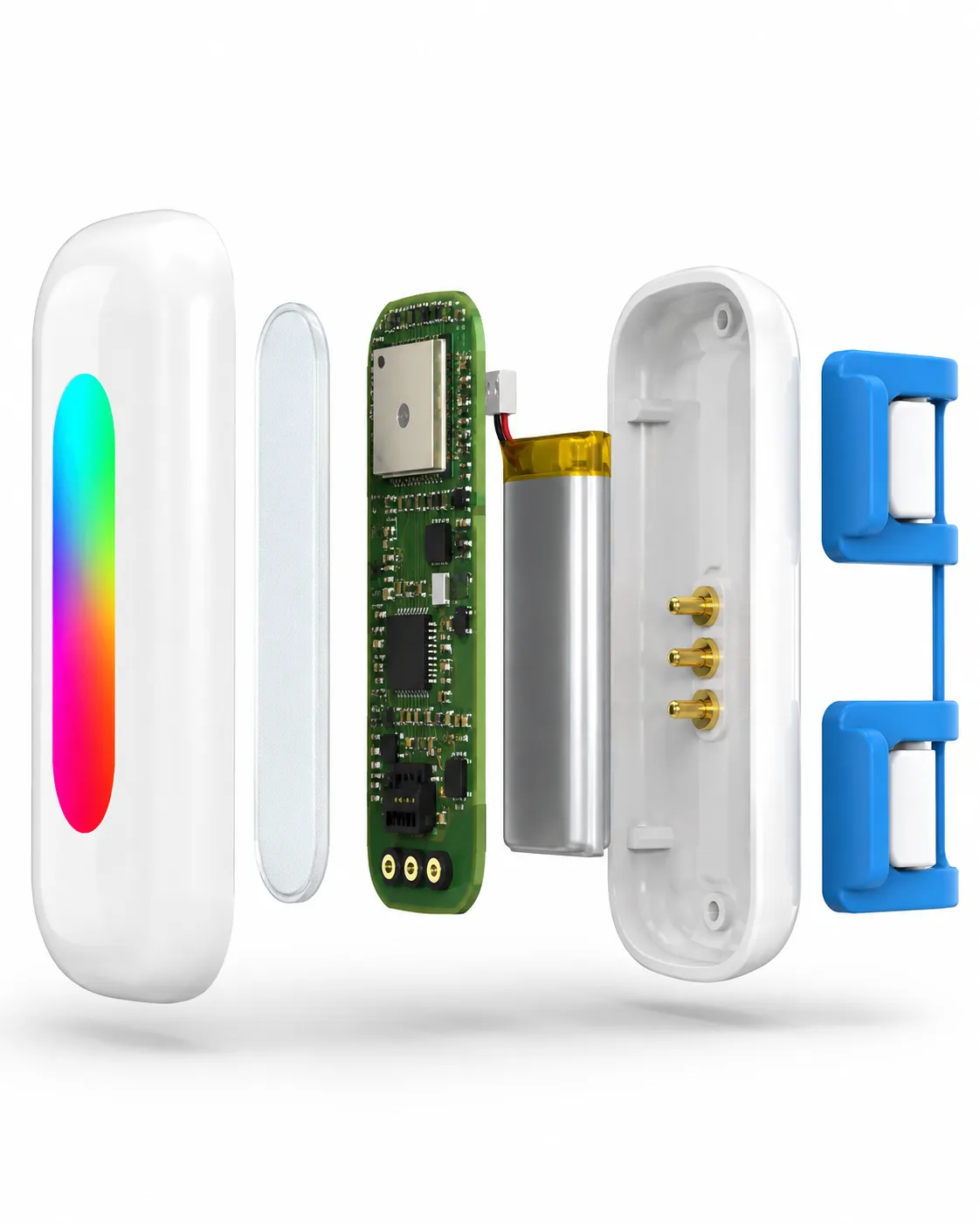 Vue éclatée du traceur Viva : coque, diffuseur, carte électronique, batterie, contacts et clips